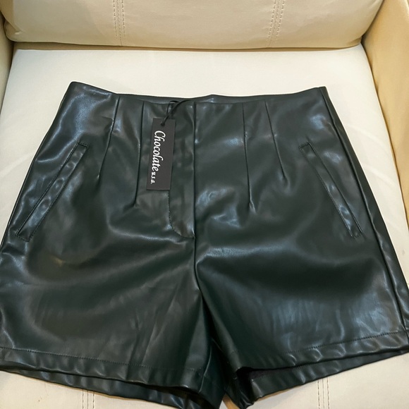 Chocolate Pants - Chocolate Women's Dark Green High Waist Pleather Shorts